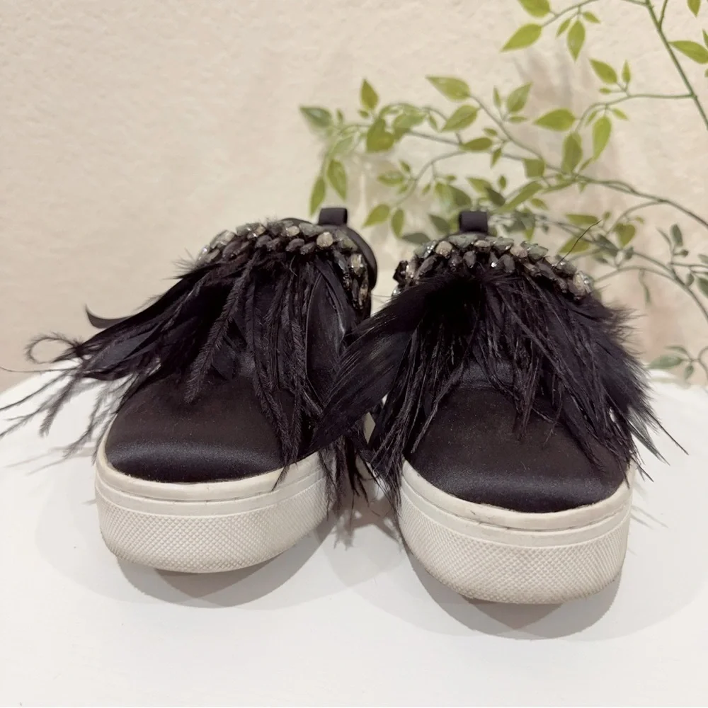 Sam Edelman Black Satin Sneaker Flats with Crystal and Feathers Size 6 Preowned